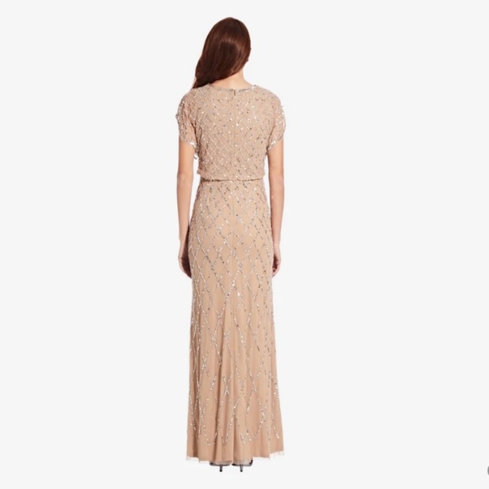 Adrianna Papell Sequin Lattice Dress With Flutter Sleeves in Champagne Silver - Picture 3 of 4